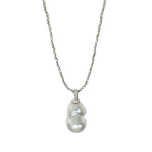 Luxus-Kügelchenkette aus 585 Weißgold 85 cm / Anhänger Südseeperle & Brillanten