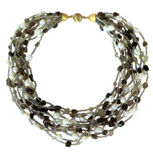 Mehrreihiges Rauchquarz-Perlen-Collier mit weißen Süßwasserperlen & vergoldetem 925 Silber